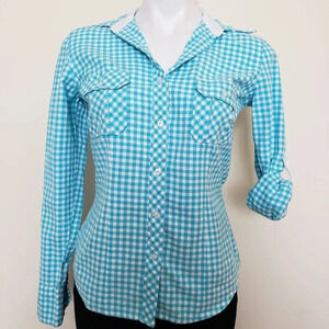 Final Sale Turquoise & White Checkered Button Down Top